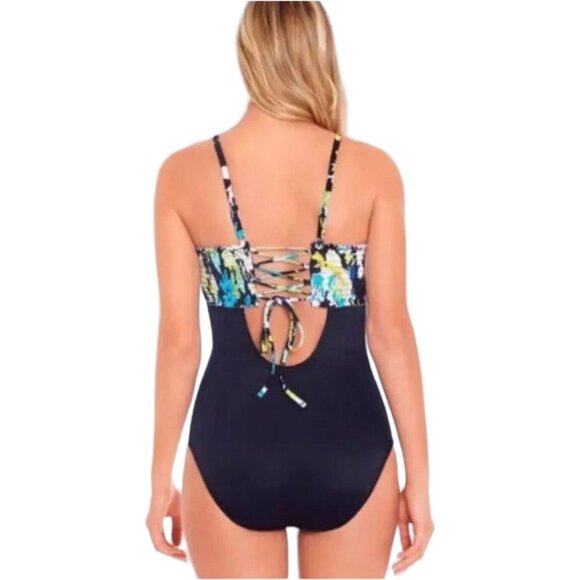 Beach Betty Miracle Brand One Piece Swimsuit Size Medium Cut-Out Smock Tie Back - Picture 2 of 7